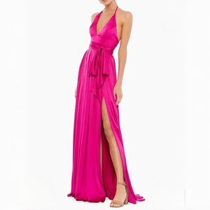 Mac‎ Duggal Gown 26531 Size 6 Magenta Charmeuse Halter Soft Tie Waist High Slit
